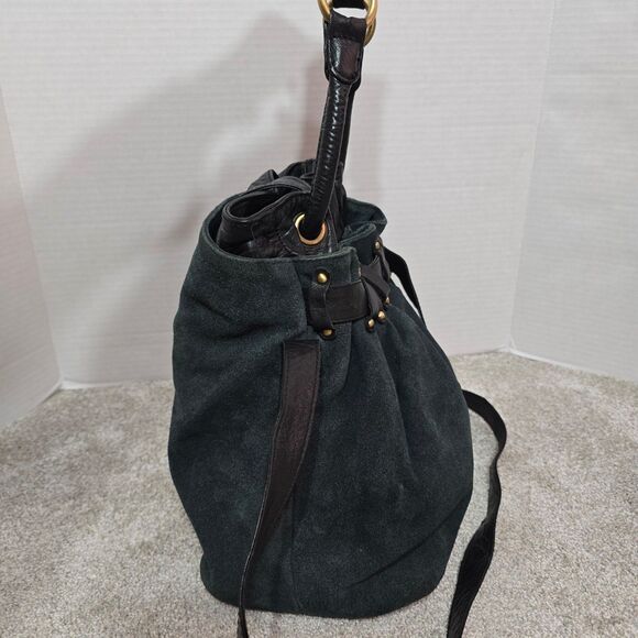 Anthropologie Holding horses suede leather teal black bucket shoulder handbag - Picture 11 of 12